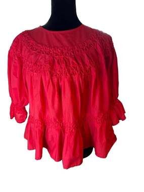 Merlette Sol Zinnia Red Smocked Pima Cotton Blouse with Ruffle Cuff Sleeves